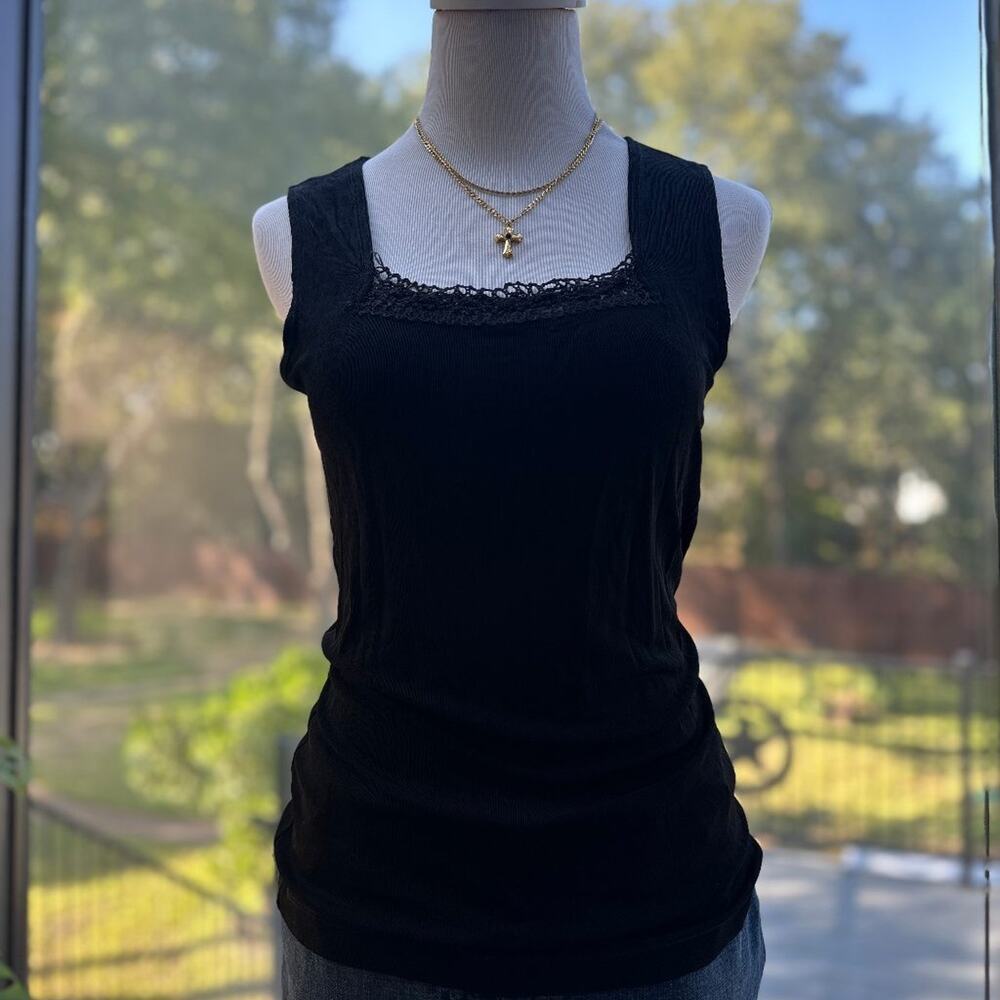 Slinky Brand Black Lace Trim Tank Top Womens XS Vintage Y2K Goth Made in USA